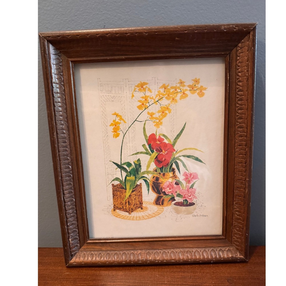 Gloria Eriksen Vintage Floral Orchid Art Print Framed Ornate Wood 10.5x12.5